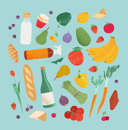 Grocery purchases set, fruits and vegetable from the local store, market, farm. Department store goods illustration for banner, pattern.の写真素材