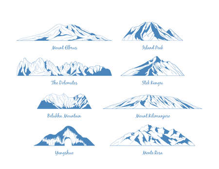 Mountains vector icons, emblem, banners for mountain climbing, hiking trails in line style. The mountains peaks linear symbols.のイラスト素材