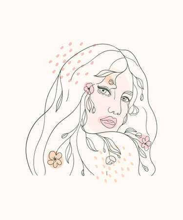 Continuous line portrait of a girl. Vector drawing continuous line style, beautiful dreaming woman with abstract texture.のイラスト素材