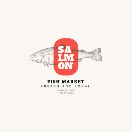 Vector Restaurant and Seafood isolated logo template. Seafood graphic sign with salmon fish in sketch styleのイラスト素材