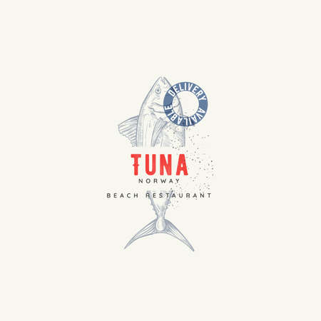 Vector Restaurant and Seafood isolated logo template. Seafood graphic sign with tuna fish in sketch styleのイラスト素材