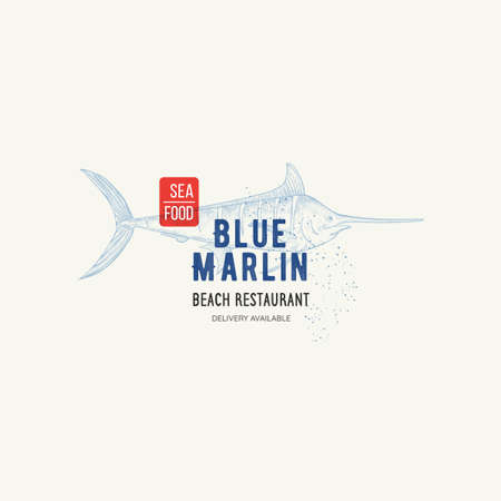 Vector Restaurant and Seafood logo with name and graphic sign Blue Marlin. Fish illustration in sketch style, badge for your design, printing, label.のイラスト素材