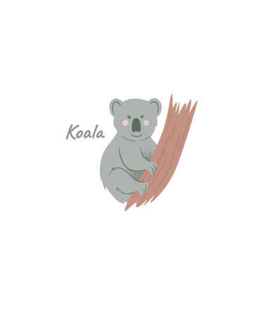 Koala on the tree cheerful child character. Koala bear inhabiting Australia, cartoon chubby character, isolated vector illustration.のイラスト素材