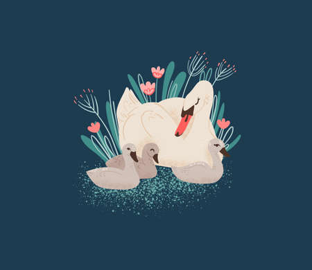 Cute swan mother with kids vector illustration. Swan clipart hand drawn element for kids products.のイラスト素材