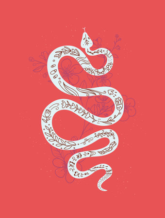 Mystic print snake with sakura flowers, vector illustration in trendy linear and silhouette minimal style.のイラスト素材