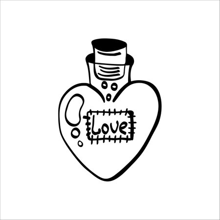 Vector clipart of a glass jar in the form of a heart. Doodle style. With the inscription love. On a white background.のイラスト素材