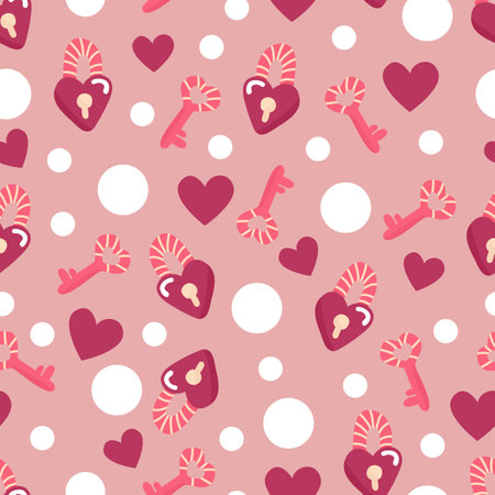Seamless pattern with the image of a padlock with a key in the shape of a heart. hand draw style. On a light background.のイラスト素材