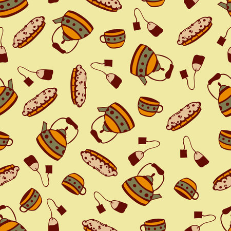 Seamless pattern with pie, teapot, mug and tea bag. Hygge in doodle style, on a light backgroundのイラスト素材