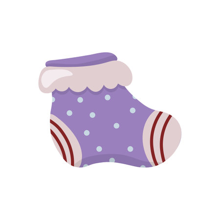 Vector image of baby sock with polka dots. In lilac color. Hand drawn in doodle style.のイラスト素材