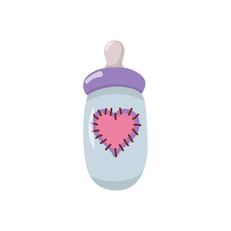 Vector single colorful image of a baby bottle. With cute heart pattern. In pastel colors. hand draw style. On a white background. stock illustration.のイラスト素材