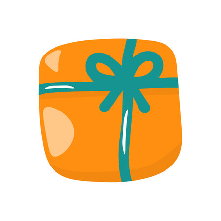 Vector single gift box clipart. In bright orange color with turquoise ribbon. In a hand-drawn style, on a white background.のイラスト素材
