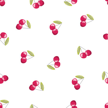 Vector seamless pattern with red cherry berries on a white background.のイラスト素材