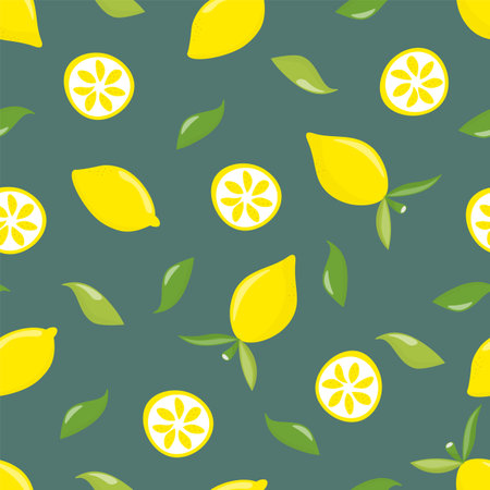Seamless pattern with lemons on a dark background. Vector texture for textile or wrapping paper. fresh citrus.のイラスト素材