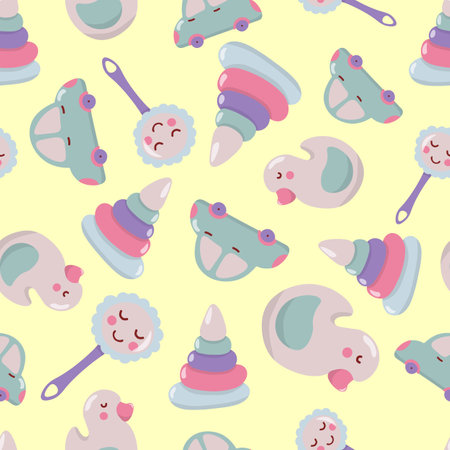 Seamless pattern with children's toys. In pastel colors, on a light yellow background. Draw style.のイラスト素材