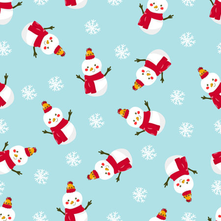 Winter seamless pattern with snowman and snowflakes. On a blue background. Drawnstyle. Christmas background.のイラスト素材
