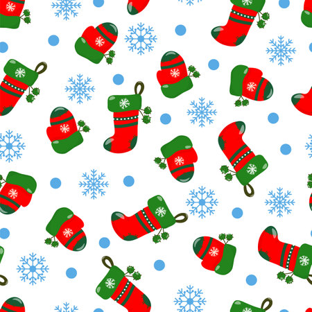 Winter seamless pattern with a hat, a Christmas sock and snowflakes on a white background. In hand-drawn style.のイラスト素材