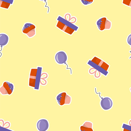 Seamless pattern for birthday. With gift box, balloon and muffin. sticker style. On a yellow background.のイラスト素材