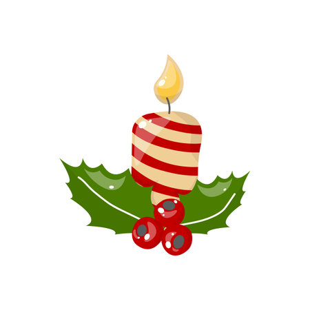 Vector single clipart of christmas candle and holly. In bright colors, on a white background. In cartoon style. Stock illustration.のイラスト素材