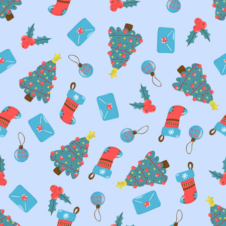 Seamless Christmas Pattern with holly, envelope, fir tree, Christmas stocking, Christmas ball. On a blue background, in a hand-drawn style. Cute Cartoonのイラスト素材