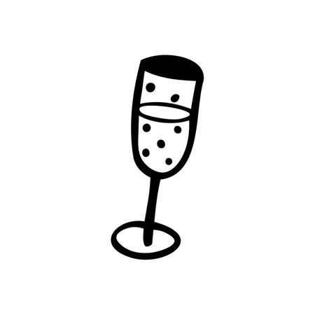 Vector single clipart of champagne glass in doodle style. Icon with reflection on white background. Stock illustration.のイラスト素材