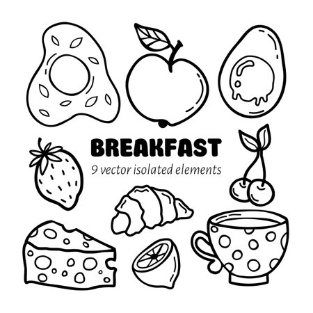 Vector hand drawn set breakfast icons. In doodle style, isolated clipart on a white background.のイラスト素材