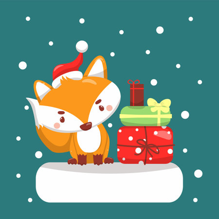 Winter vector illustration with cute little fox and gifts, and snowflakes. on a turquoise background. Cartoon animal mascot.のイラスト素材