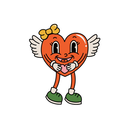 Heart character with wings in retro groove style. 60s and 70s style. Valentine's Day. Single isolated image on a white background. Stock illustration.のイラスト素材