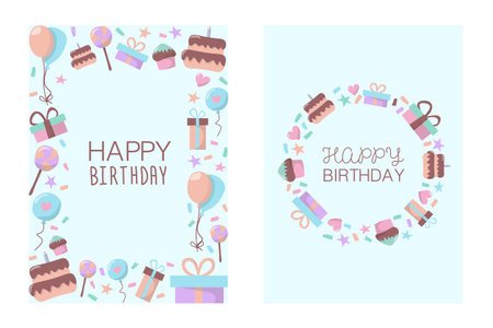 Set of two happy birthday cards with cake, balloons, muffin, lollipop, star and heart. In hand-drawn style on a light blue background. Vector isolated illustrations.のイラスト素材