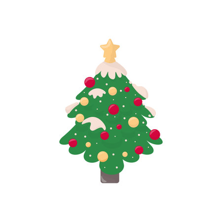 Vector cartoon single Christmas tree with Christmas toys and snow. Stock vector illustration. Isolated clipart on a white background.のイラスト素材