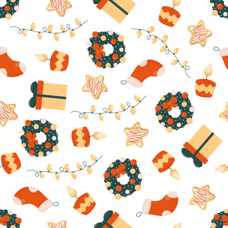 Winter seamless pattern with Christmas wreath, gift, candle, garland, cookies and Christmas sack....