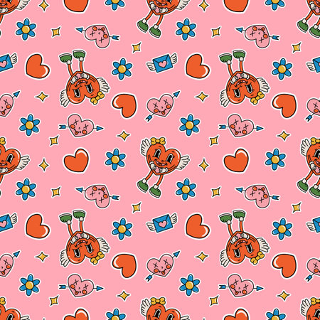 Seamless pattern in groovy style. Cute Valentine's Day Background Pattern. Ideal for baby clothes, textiles, packaging, web backgrounds, fabrics, wrapping paper, decoration. On a pink backgroundのイラスト素材