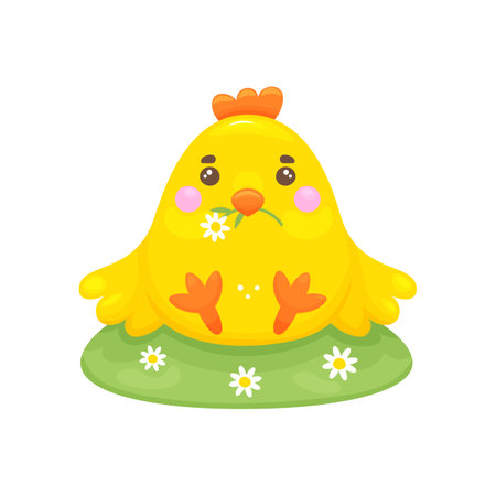 Hand drawn cartoon style Easter chick. Sits in a meadow with daisies. Paska, icon or print. Vector stock image isolated on white background. Decorative design element for Easter.のイラスト素材