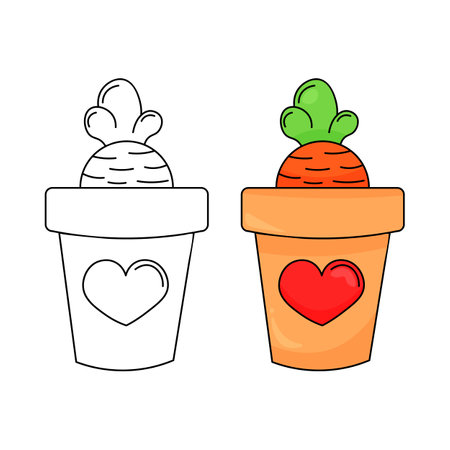 Carrot coloring page. In a pot. Color book for kids with colored example. Vegetables, autumn, Easter. Retro style. Vector stock image isolated on white background.のイラスト素材