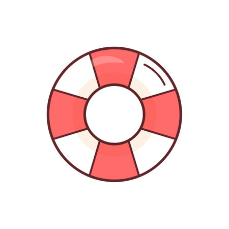 Vector cute cartoon lifebuoy in red and white on white background. Vector doodle style. Perfect for summer designs, beach themes, kids' projects, and stickers. Isolated stock image.のイラスト素材