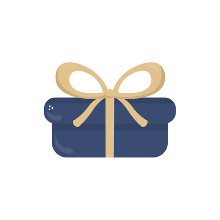 Vector dark blue gift box with yellow bow in hand drawn style on white background. Festive clipart for Christmas, New Year, cards, stickers, and printable designs.のイラスト素材