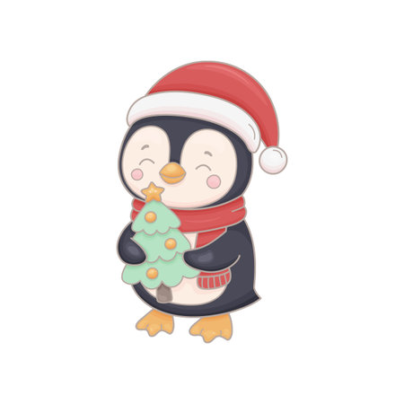 Vector hand drawn style penguin holding a decorated Christmas tree, wearing a Santa hat and scarf. Soft pastel illustration on white background, perfect for holiday cards, stickers, packaging, and winter-themed design projects.のイラスト素材