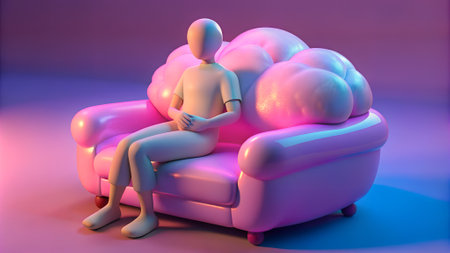 a faceless human model sits on a candy sofaの写真素材