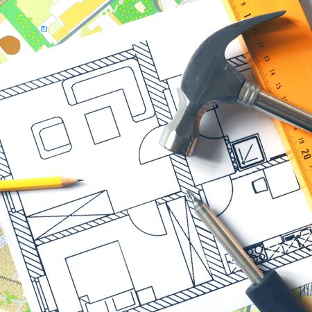 a modern building design with construction toolsの写真素材