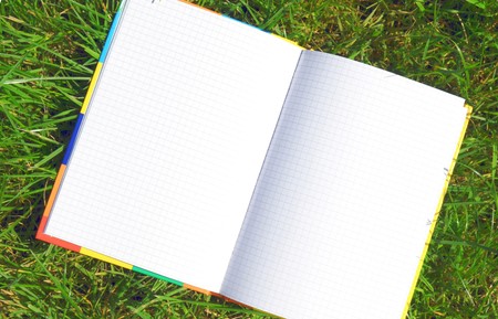 A blank opened book outdoors lying on the green grass.の写真素材