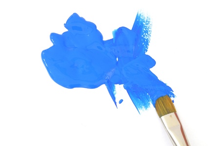 blue color and artist brush isolated on white backgroundの写真素材