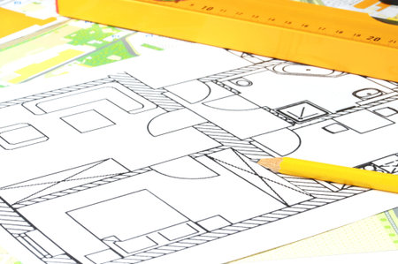 a modern building design with construction tools