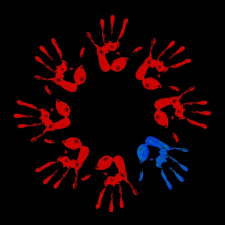 a lot of colorful hand prints on black backgroundの写真素材