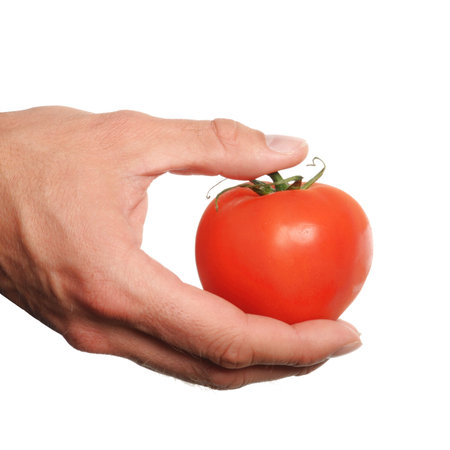 hand holding a fresh red tomato isolated on white backgroundの写真素材