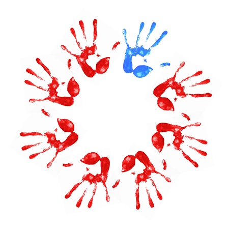 a lot of colorful hand prints on white backgroundの写真素材