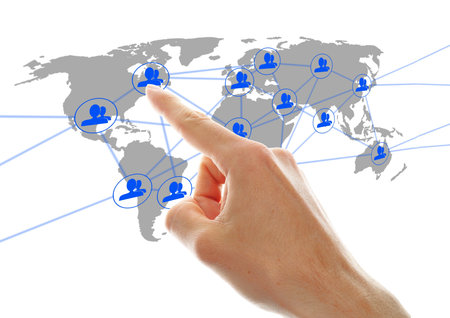 businessman hand pressing social network icon on a virtual background