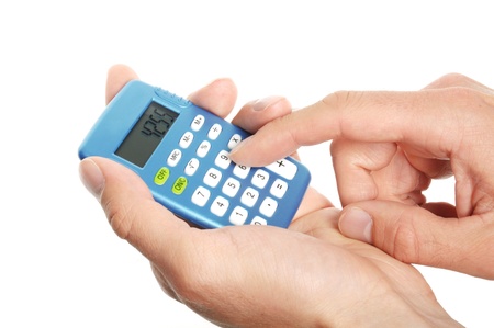 hand holding a blue calculator on white backgroundの写真素材