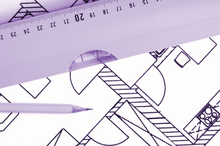 desing drawings, pencil and spirit-level on blueprintの写真素材