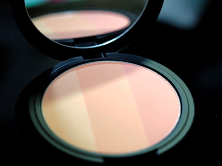 Closeup view of blush compact with attached mirrorの写真素材