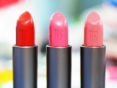 Closeup macro view of red bullet lipstick textureの写真素材