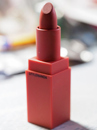 Closeup macro view of red bullet lipstick textureの写真素材